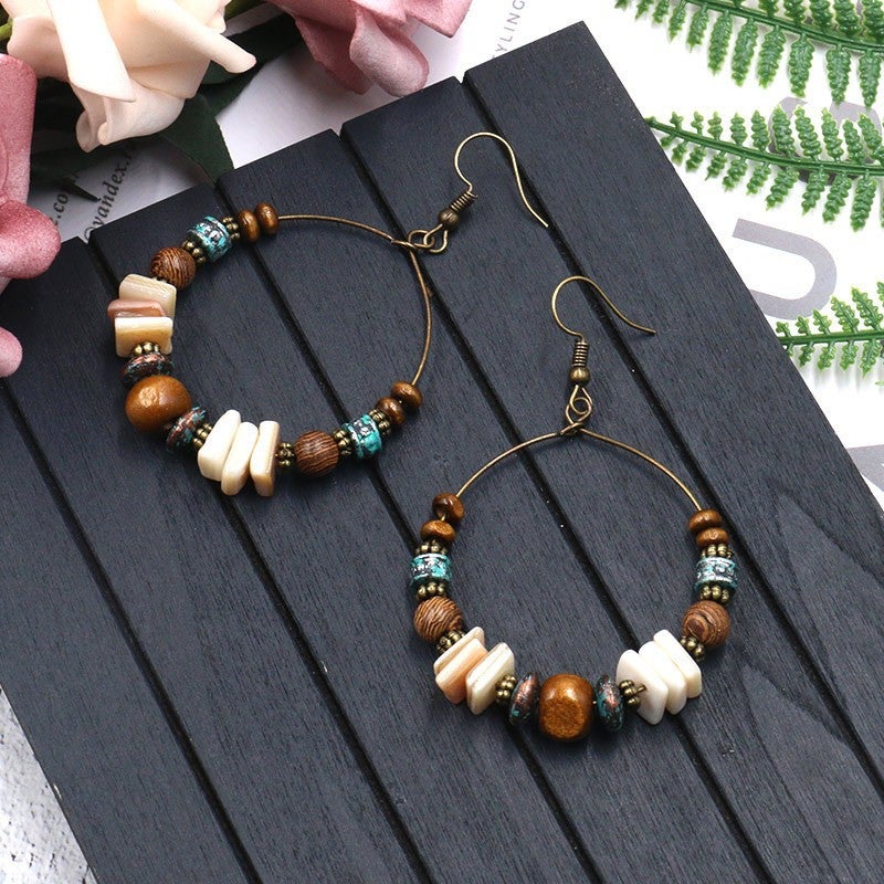 Accessories Fashion Bohemian Handmade Beaded Earrings Shell Wooden Beads Big Ear Ring Earrings - Image 4